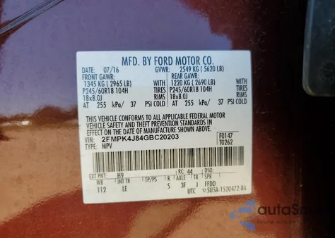 2016 Ford Edge Sel from USA, damaged, VIN 2FMPK4J84GBC20203